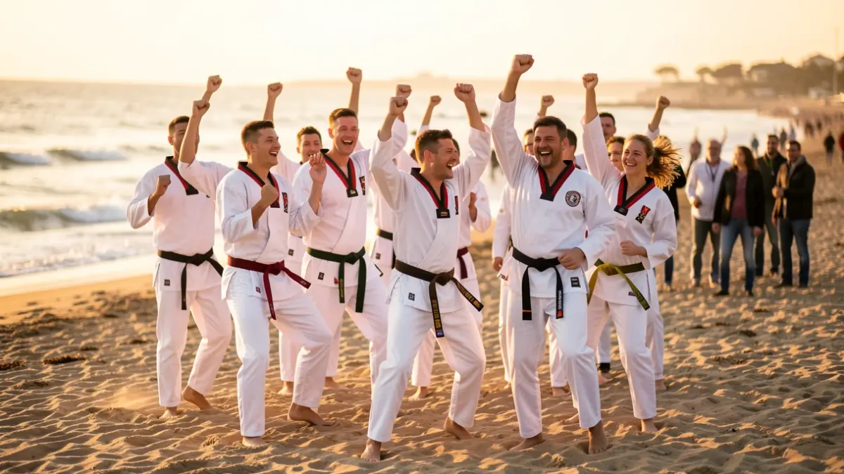 Imaxe xenérica de deportistas de taekwondo celebrando nunha praia.