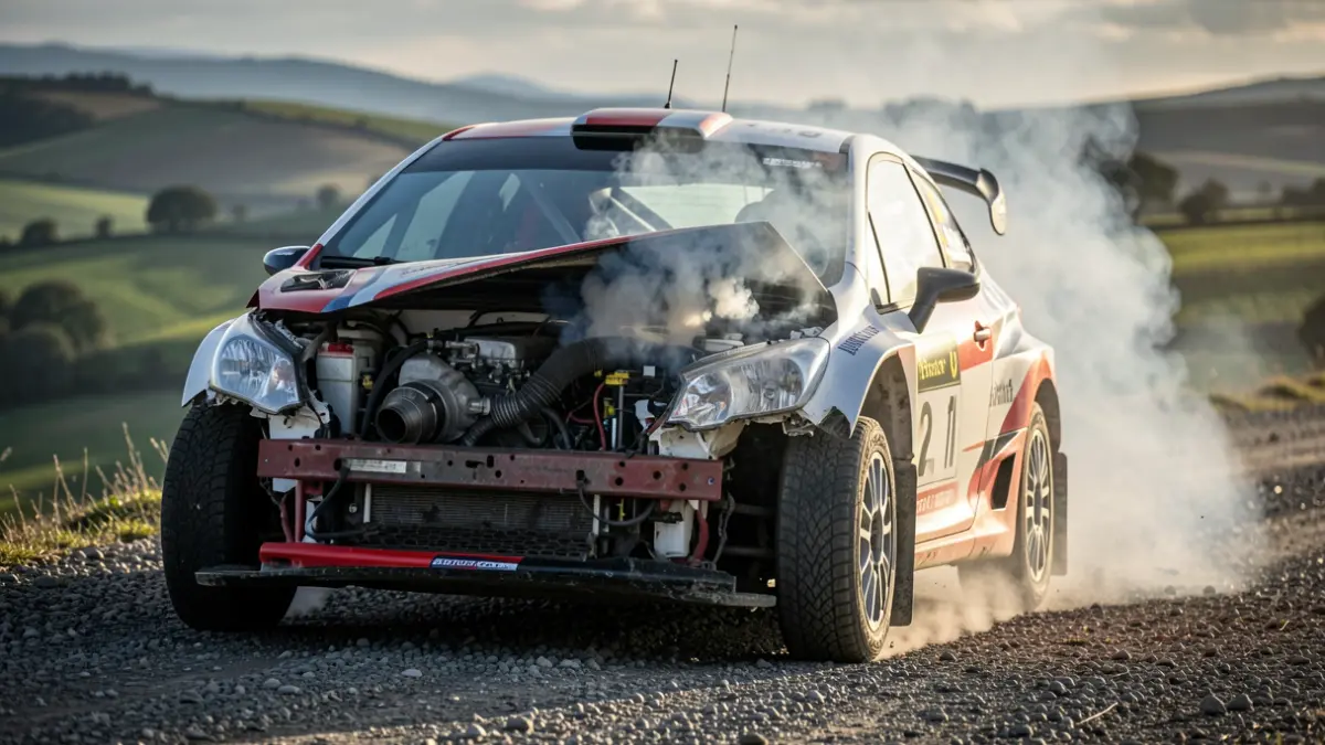Imaxe dun coche de rally danado e fumegante durante unha proba en Galicia.