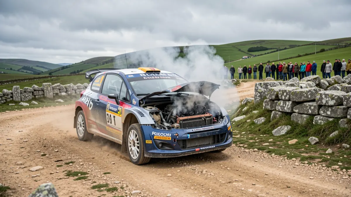 Imaxe dun coche de rally danado fumegando nunha pista de terra en Galicia.