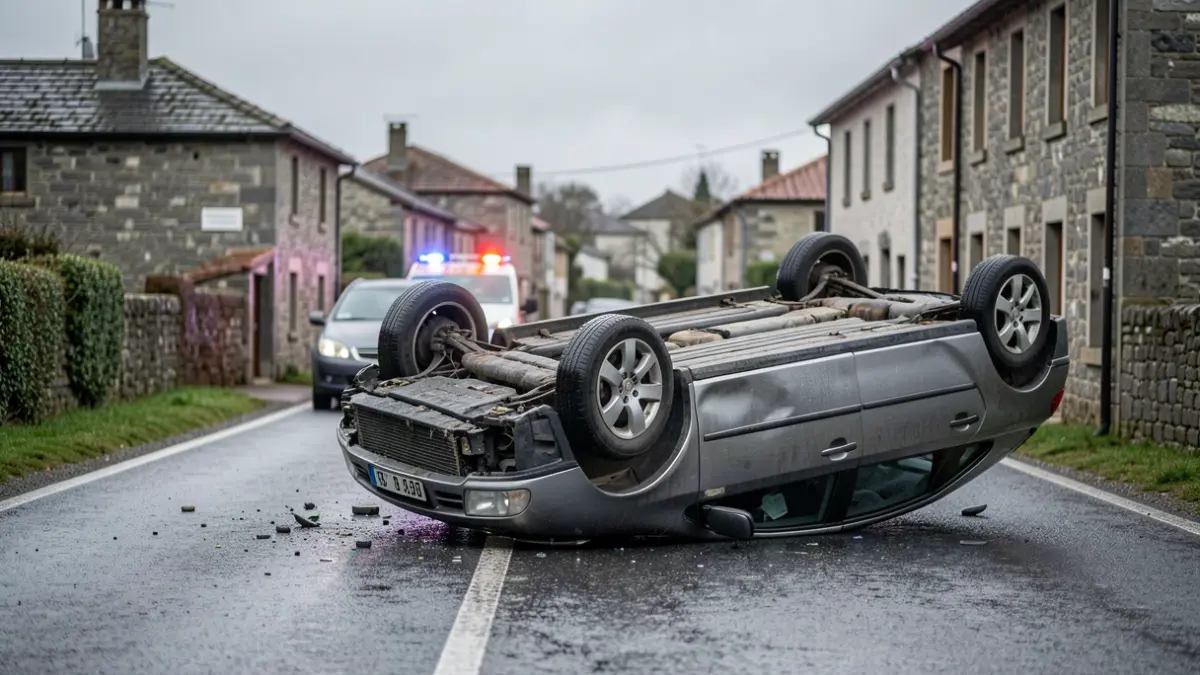 Imagen de un coche volcado en una carretera en A Rúa.
