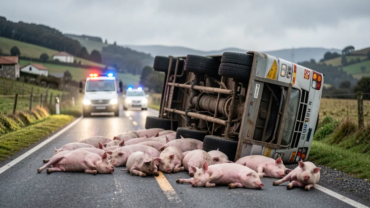 Camión envorcado cunha carga de porcos espallada pola estrada en Sandiás.