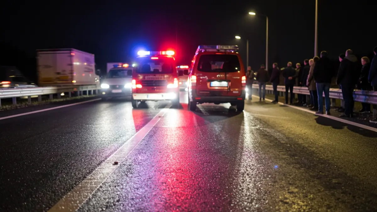 Imagen genérica de luces de emergencia reflejando en una carretera mojada por la noche.