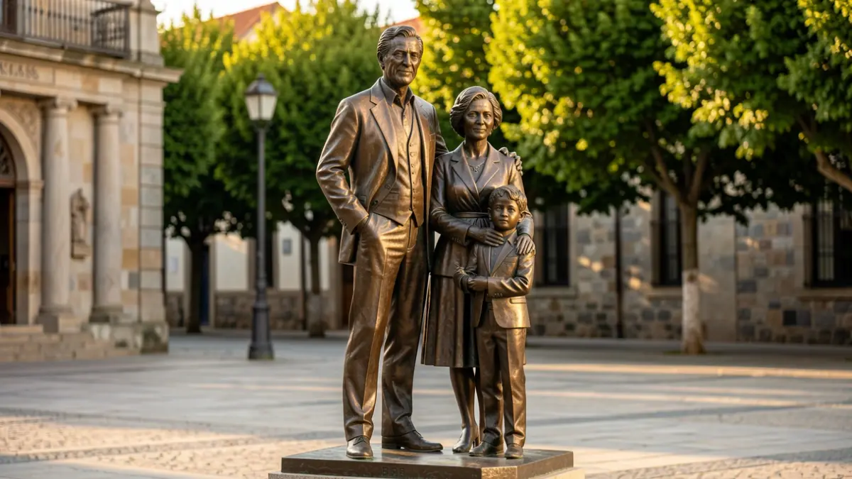 Imaxe dun grupo escultórico de bronce que representa a Daniel Castelao coa súa familia nunha praza galega.