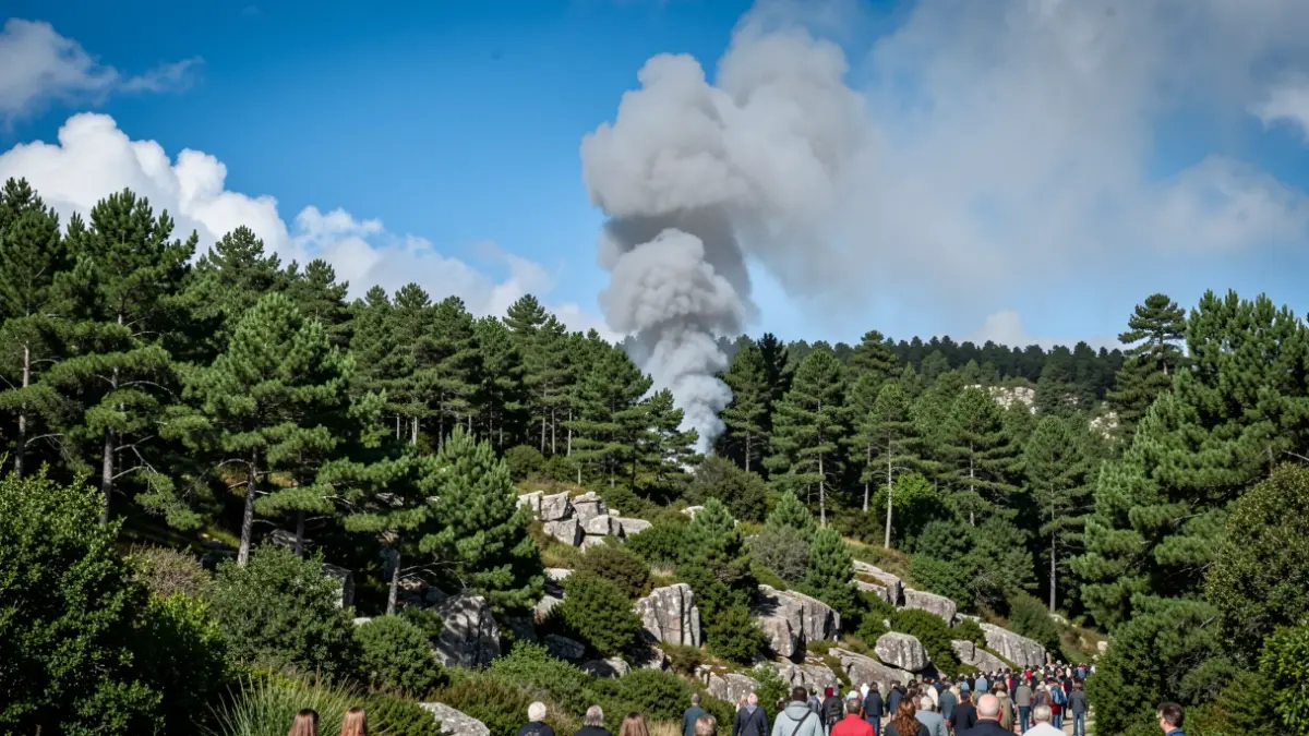 Imaxe xenérica de fume dun incendio forestal sobre un monte frondoso en Galicia.