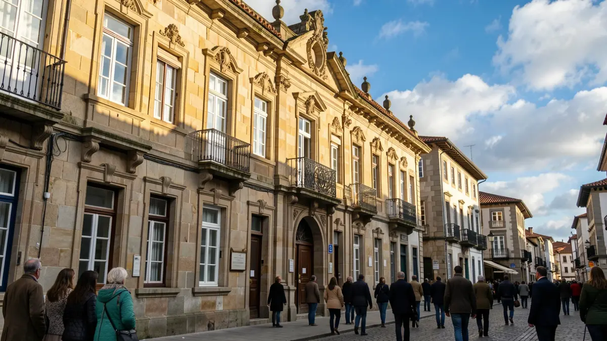 Imaxe xenérica dunha fachada de edificio de pedra tradicional galega con detalles arquitectónicos.