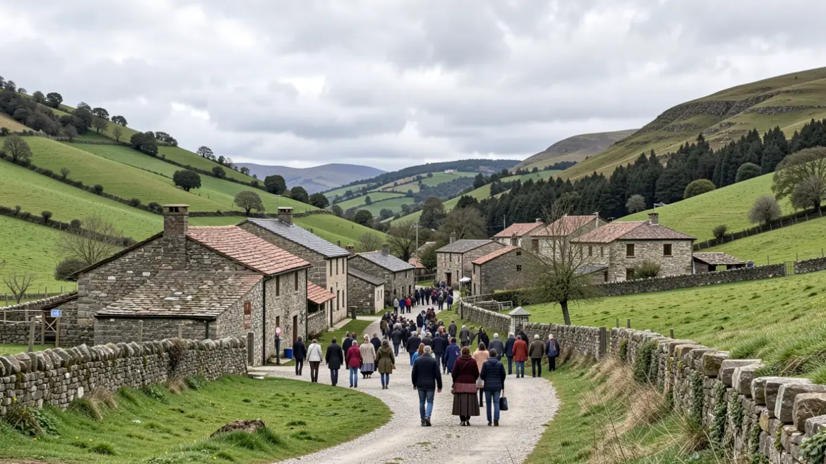 Imagen genérica de un valle gallego con casas de piedra y colinas verdes bajo un cielo nublado.