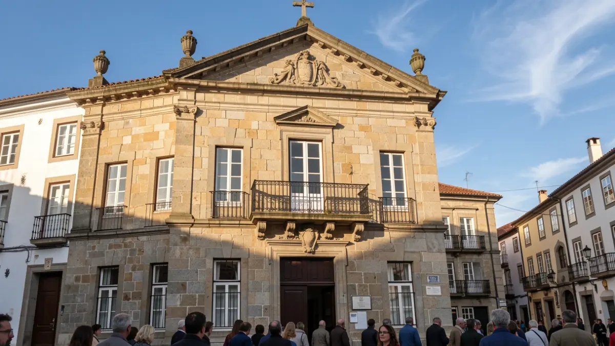 Imagen genérica de un ayuntamiento de piedra gallego con balcón ornamentado y barandillas de hierro, bajo la luz cálida de la tarde.