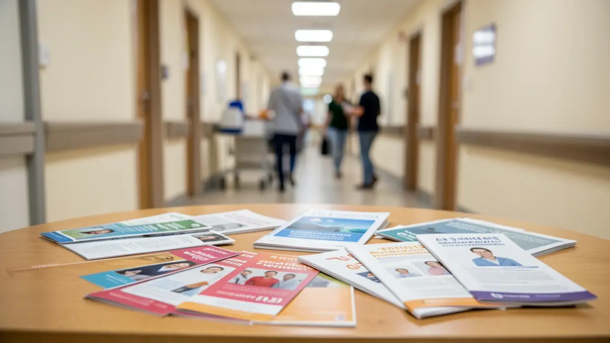 Imaxe xenérica dunha mesa informativa sobre a ELA nun hospital.