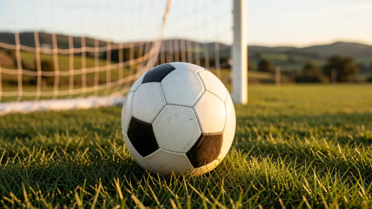Imaxe xenérica dun balón de fútbol sobre herba cunha portería desenfocada ao fondo.