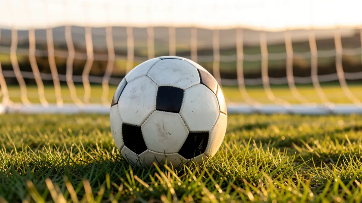 Imaxe xenérica dun balón de fútbol sobre herba cunha portería desenfocada ao fondo.