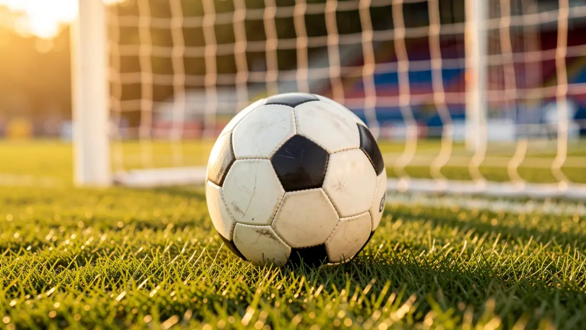 Imagen genérica de un balón de fútbol sobre césped con redes borrosas al fondo.