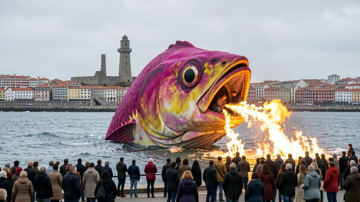 Una gran cabeza de sardina saliendo del mar con la ciudad de A Coruña de fondo, con tonos magenta y amarillos.
