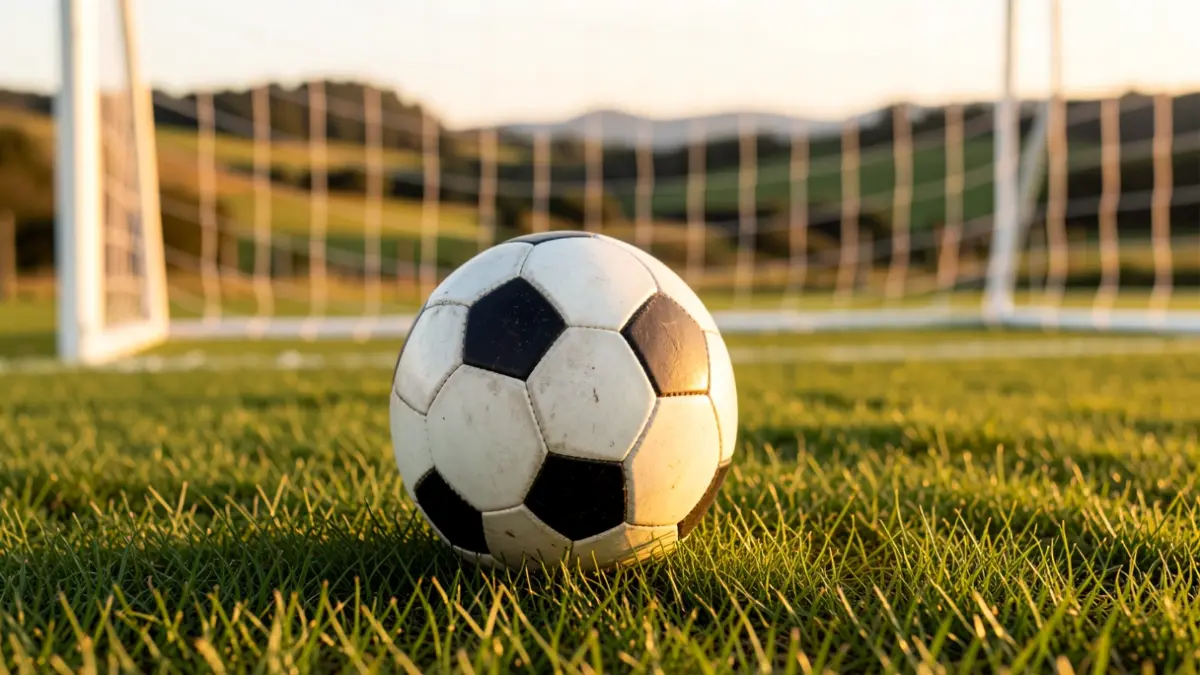 Imaxe xenérica dun balón de fútbol sobre herba cunha rede borrosa ao fondo.