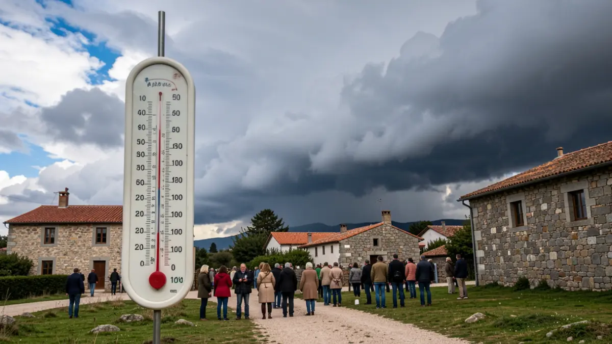 Imaxe xenérica de termómetro con alerta de calor e tormenta nunha paisaxe galega.