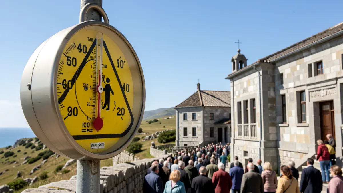 Imagen genérica de un termómetro marcando alta temperatura con un aviso amarillo sobre un paisaje gallego.