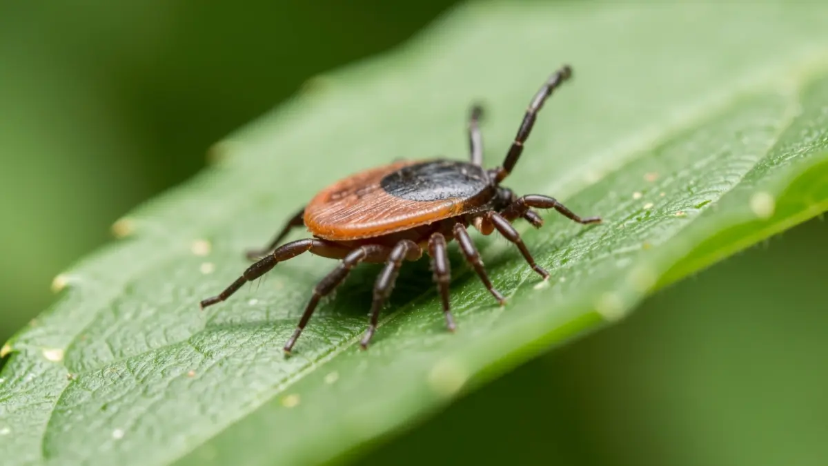 Primeira plana dunha carracha nunha folla verde, con detalle na súa anatomía.