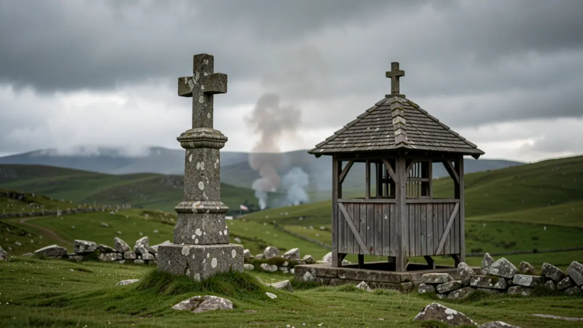 Imagen genérica de paisaje gallego con cruceiro y humo a distancia.