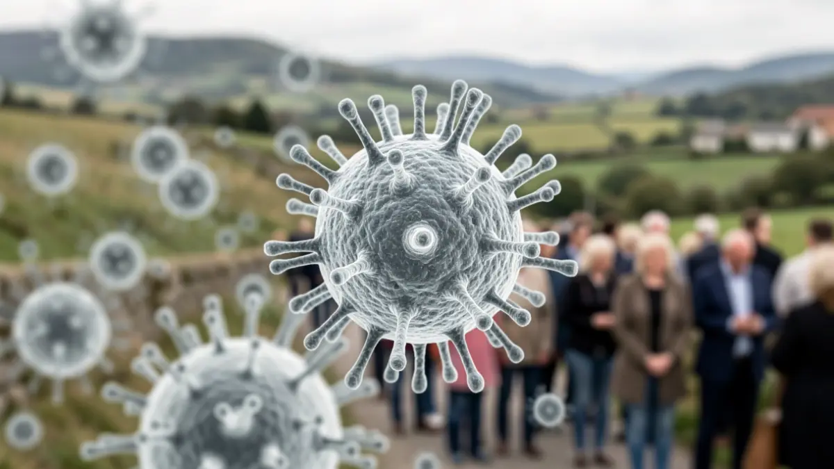Imagen genérica de virus de la hepatitis A con fondo de un paisaje gallego.
