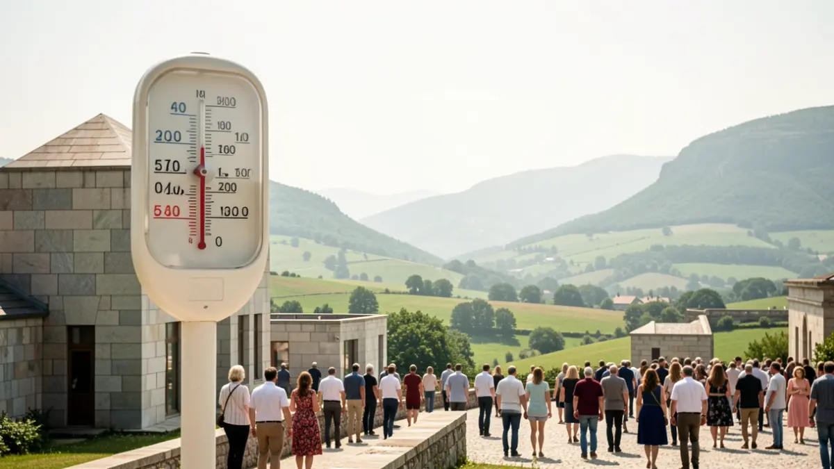 Imaxe xenérica de Galicia baixo unha forte calor, con arquitectura de granito e ceo nubrado.