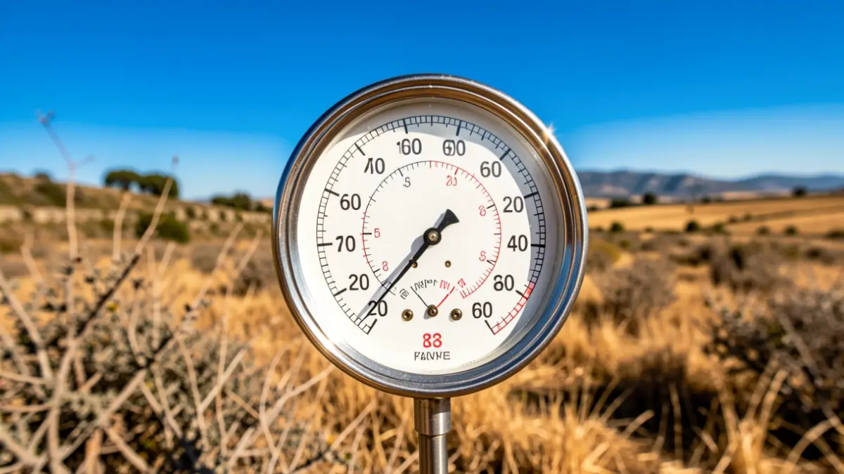 Imagen genérica de calor extremo en Galicia, con un termómetro y paisaje soleado.