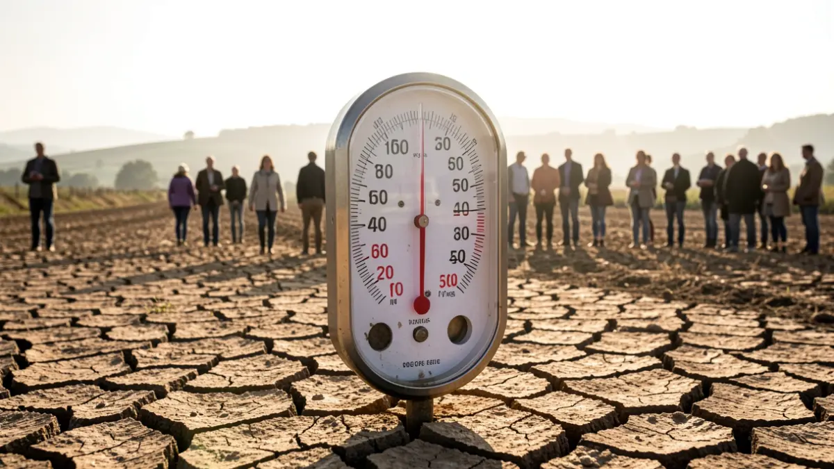 Imagen genérica de un termómetro marcando temperaturas extremas en un paisaje rural gallego.