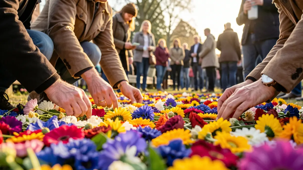 Primera imagen de alfombras florales siendo elaboradas por voluntarios.