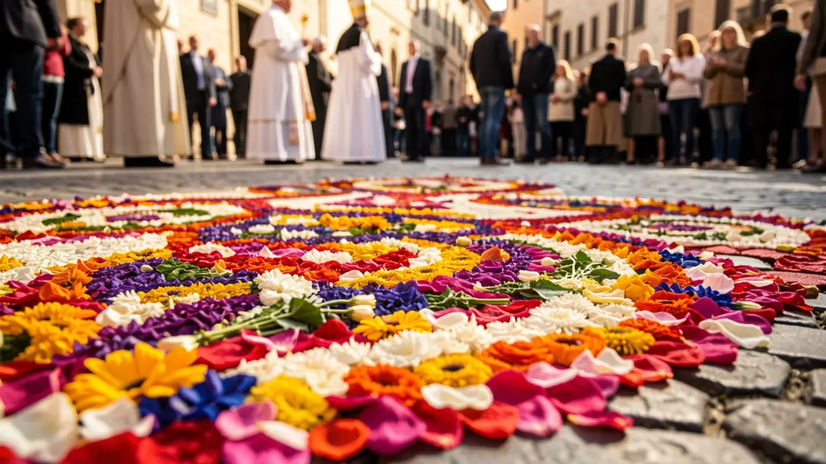 Imagen de una alfombra floral de colores hecha con pétalos para la procesión del Corpus Christi.