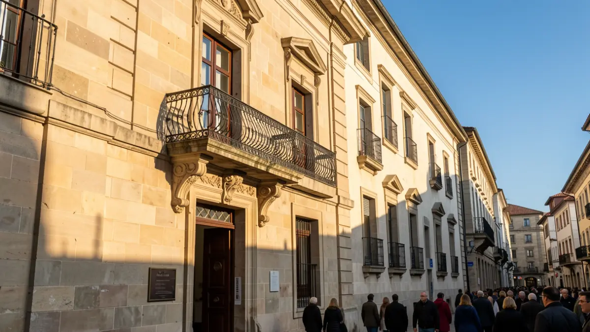 Fachada de pedra dun concello galego con balcón ornamentado e varandas de ferro, luz solar cálida da tarde proxectando sombras nas paredes de arenito, ceo azul, estilo fotografía documental.