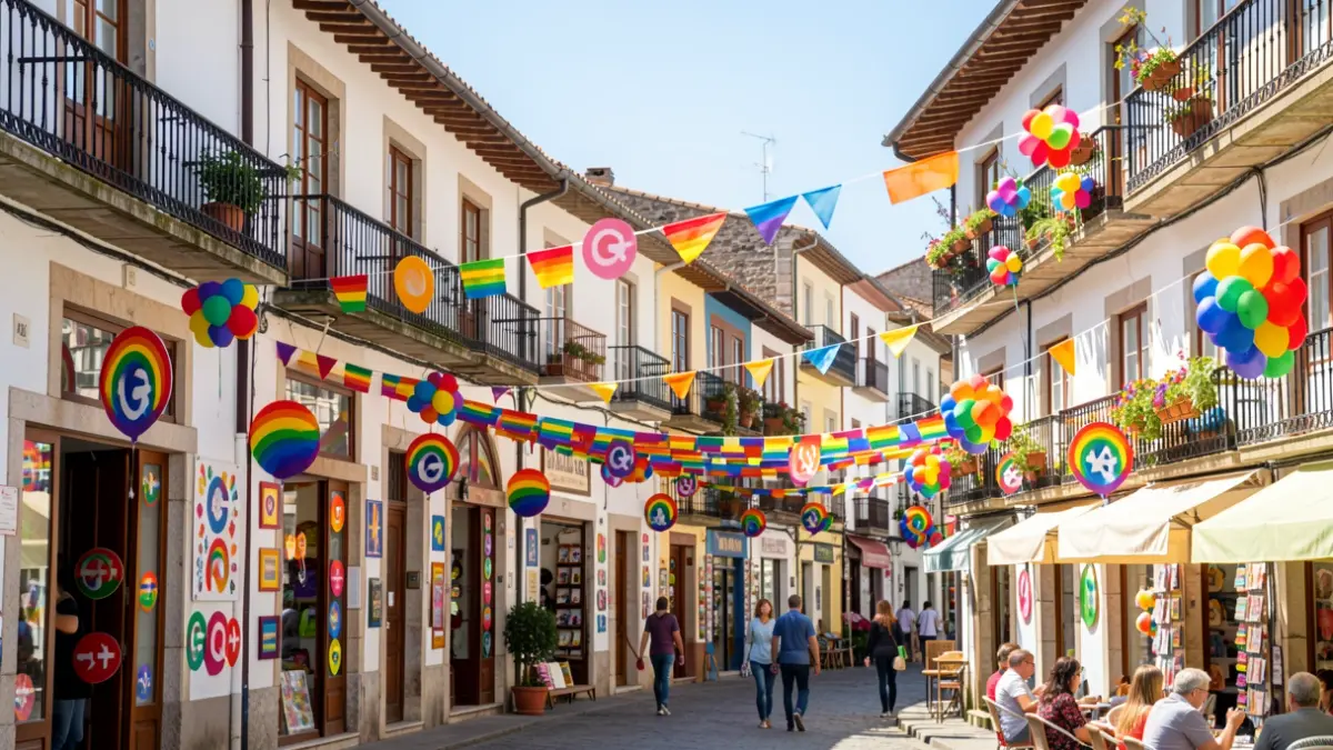 Decoraciones de calle con banderas arcoíris y símbolos LGTBIQ+ en Allariz.