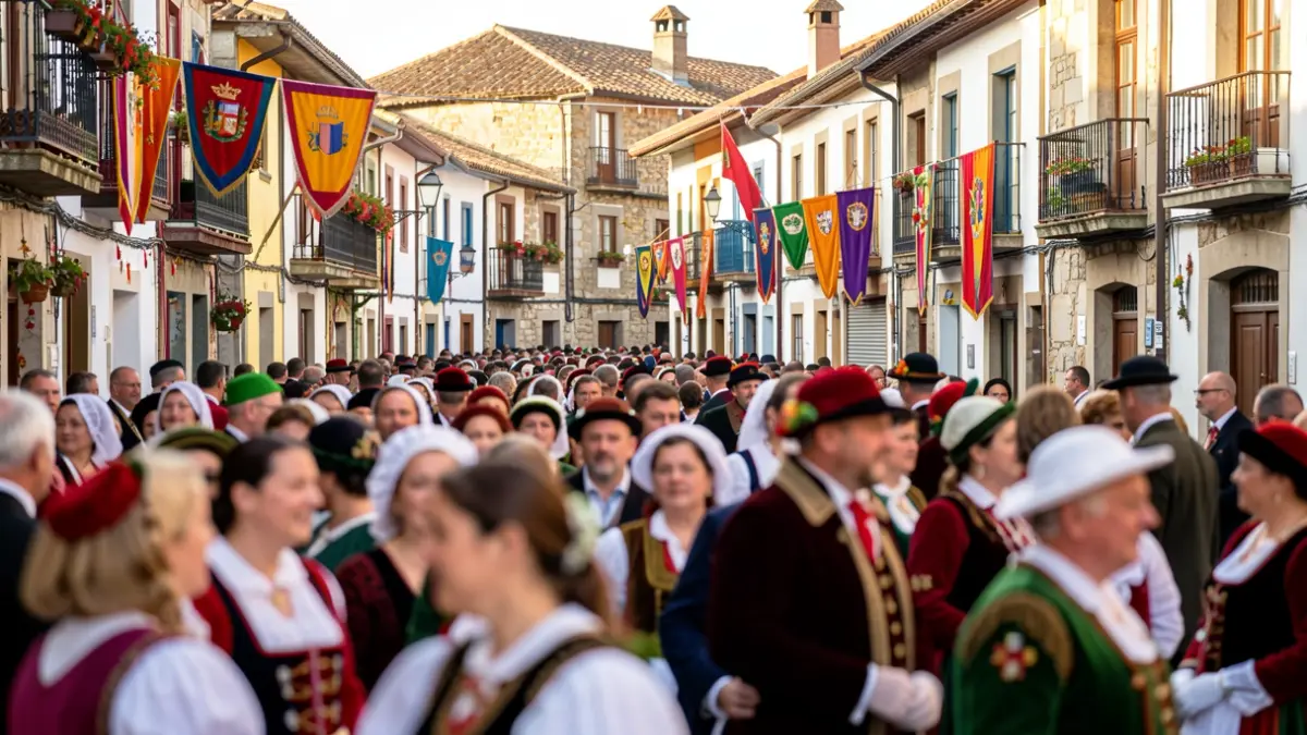 Imaxe xenérica dunha festa popular en Galicia con xente e arquitectura tradicional.