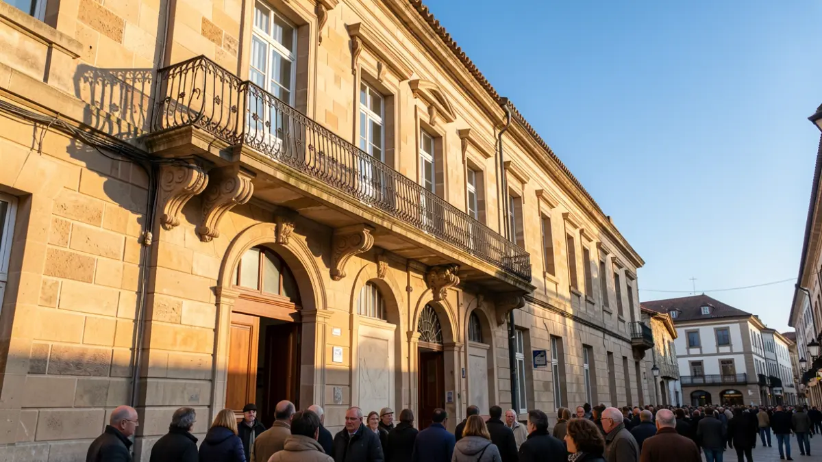 Imagen genérica de un ayuntamiento gallego de piedra con balcón ornamentado y barandillas, cálida luz solar de la tarde.