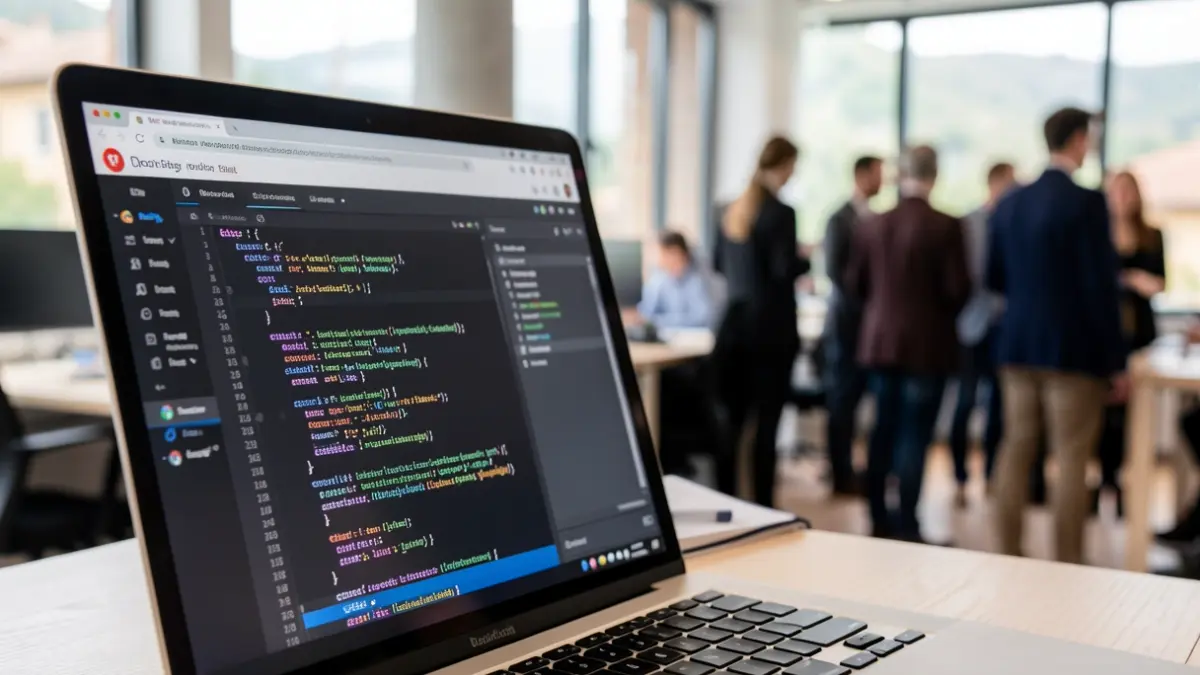 Imaxe xenérica dunha pantalla de portátil con código de programación e un fondo de oficina.
