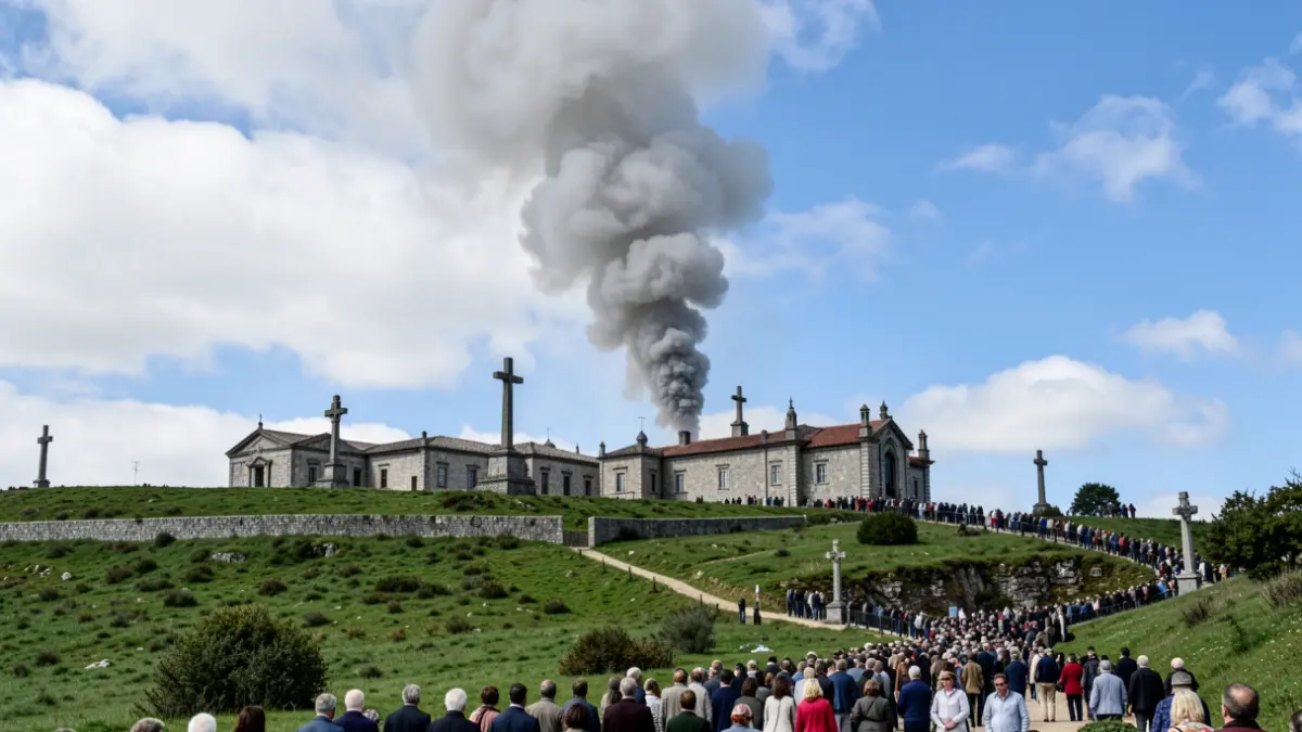 Imaxe xenérica de fume dun incendio forestal sobre unha paisaxe galega con arquitectura de granito.