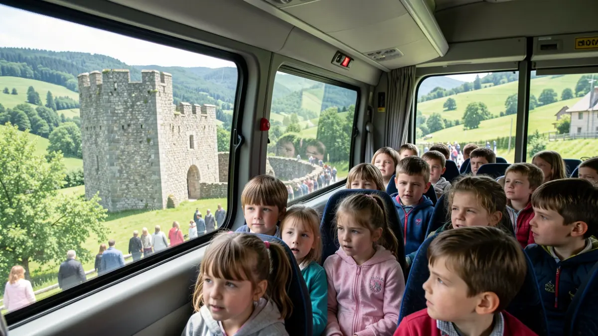 Imagen genérica de un grupo de niños en un autobús escolar observando un monumento histórico en Galicia.