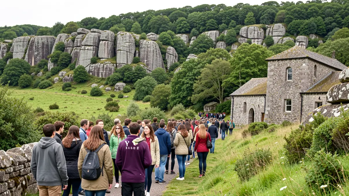 Imagen genérica de estudiantes universitarios visitando un paisaje natural gallego con arquitectura de granito.