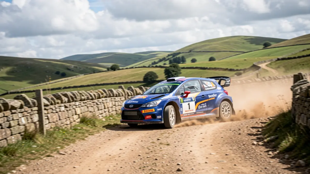 Imaxe dun coche de rally correndo nunha estrada de terra en Galicia.