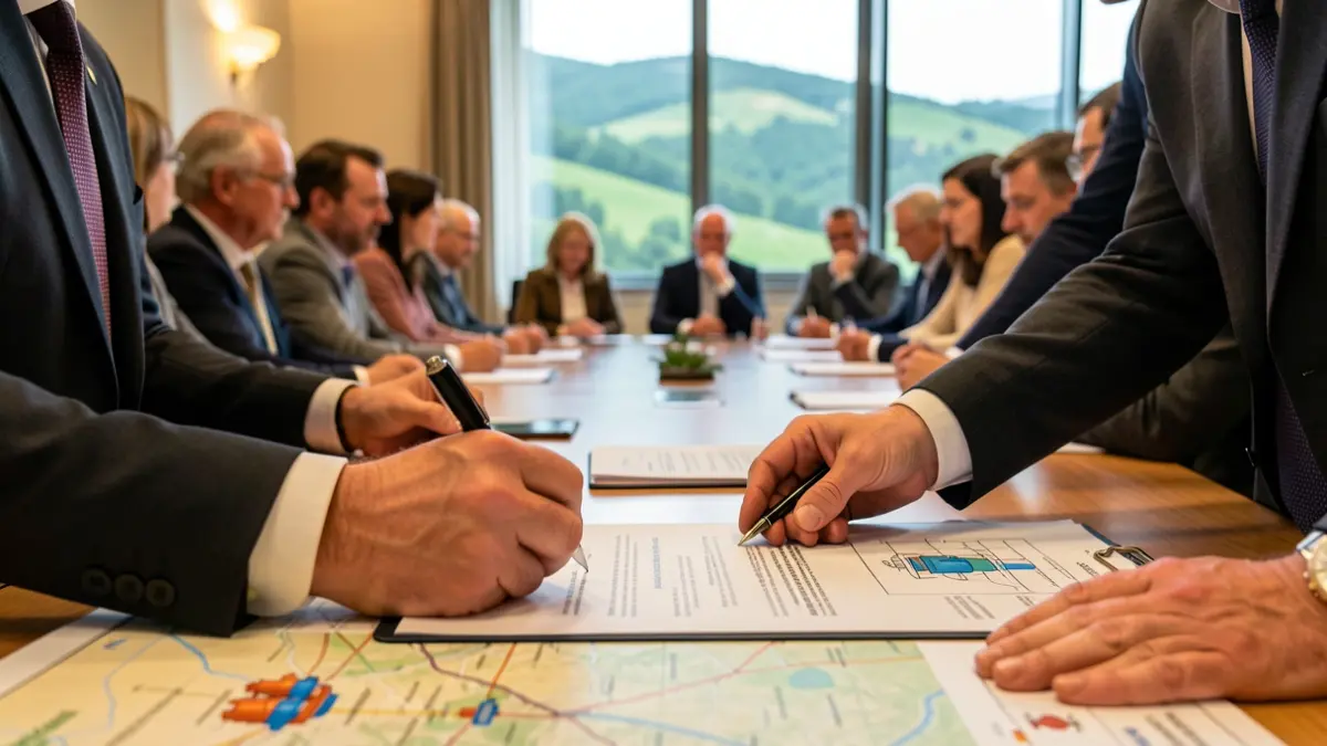Imaxe xenérica dunha reunión sobre o plan de prevención de incendios forestais en Galicia, con mapas e diagramas de hidrantes.