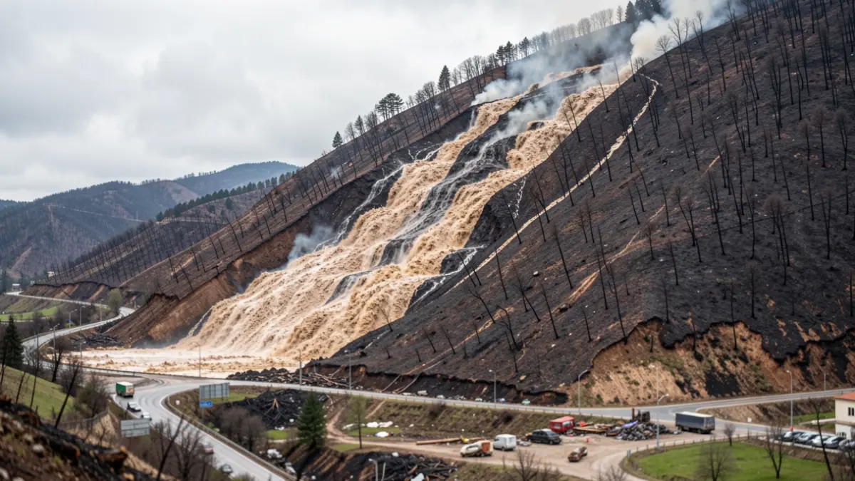 Imaxe xenérica de auga lamacenta e cinzas baixando por unha ladeira de montaña deforestada en Galicia tras incendios forestais, con estradas danadas e infraestruturas.