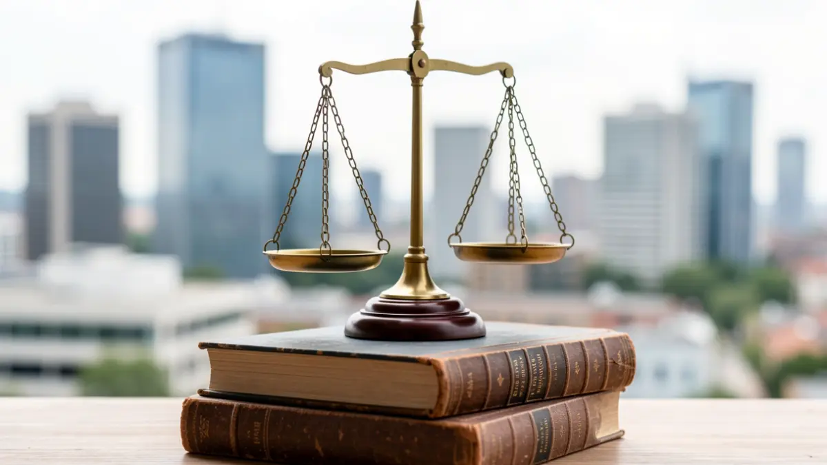 Imagen genérica de una balanza de la justicia sobre libros de derecho.