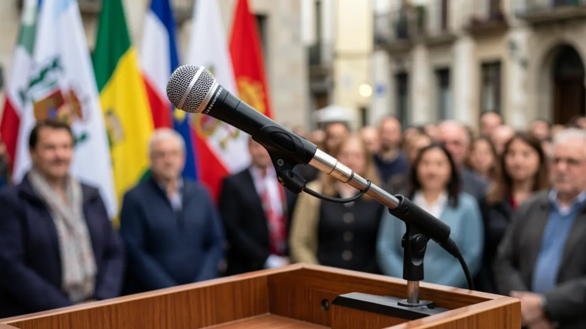 Imaxe xenérica dun micrófono nun atril durante un discurso político.