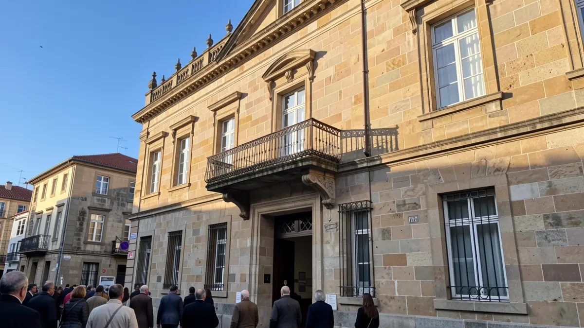 Imagen genérica de un ayuntamiento gallego de piedra con balcón ornamentado y barandillas de hierro, cálida luz solar de la tarde.