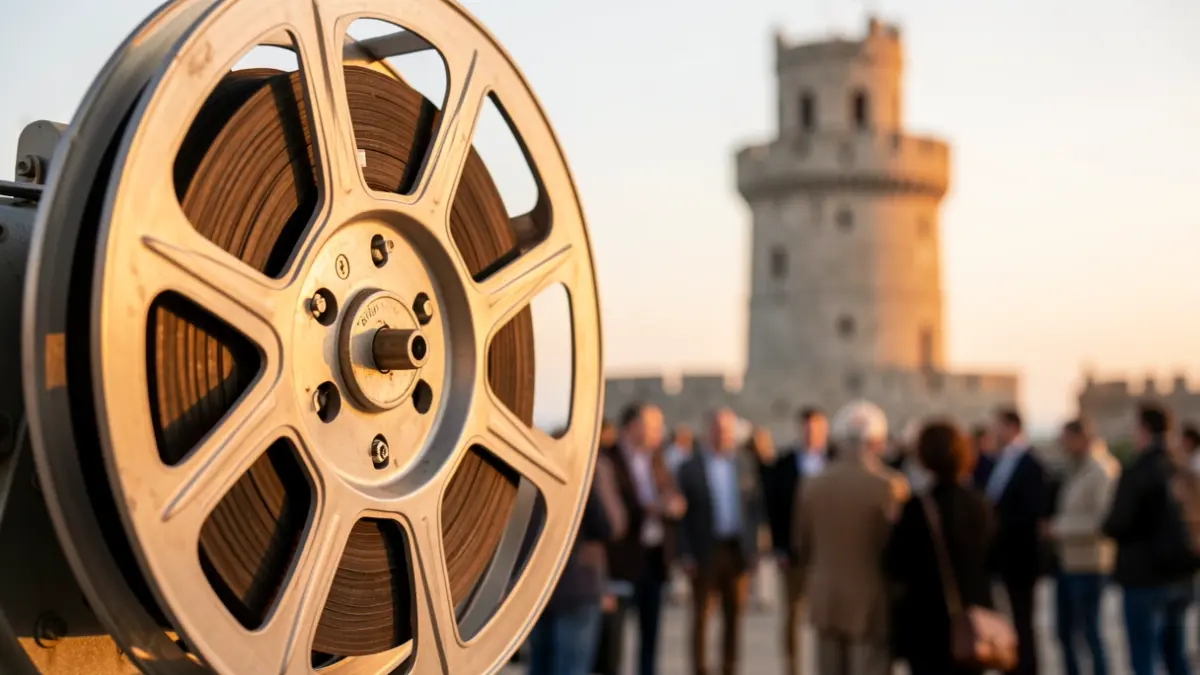 Imaxe xenérica dun rolo de película de cine con detalles da Torre de Hércules ao fondo.