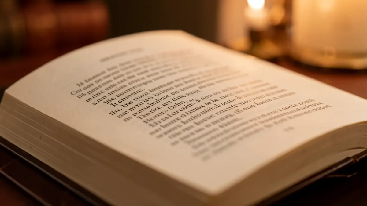Imagen genérica de un libro abierto con texto poético, páginas desenfocadas, luz cálida.