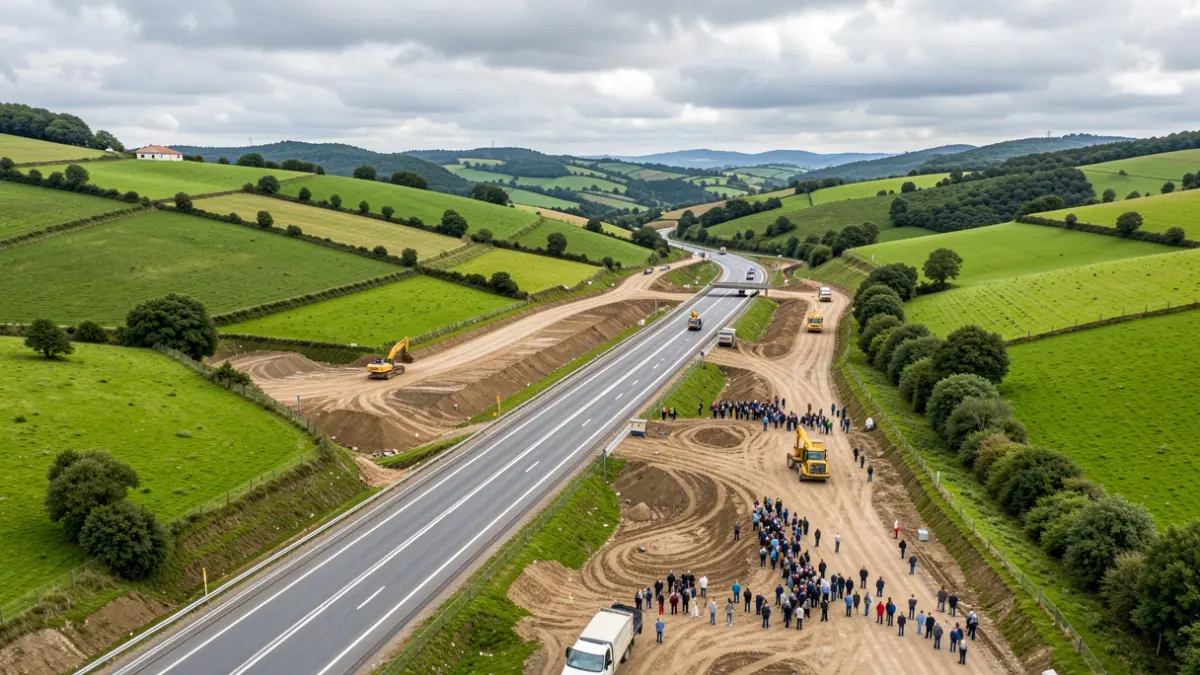 Imaxe xenérica de obras dunha autovía en construción nun val galego.