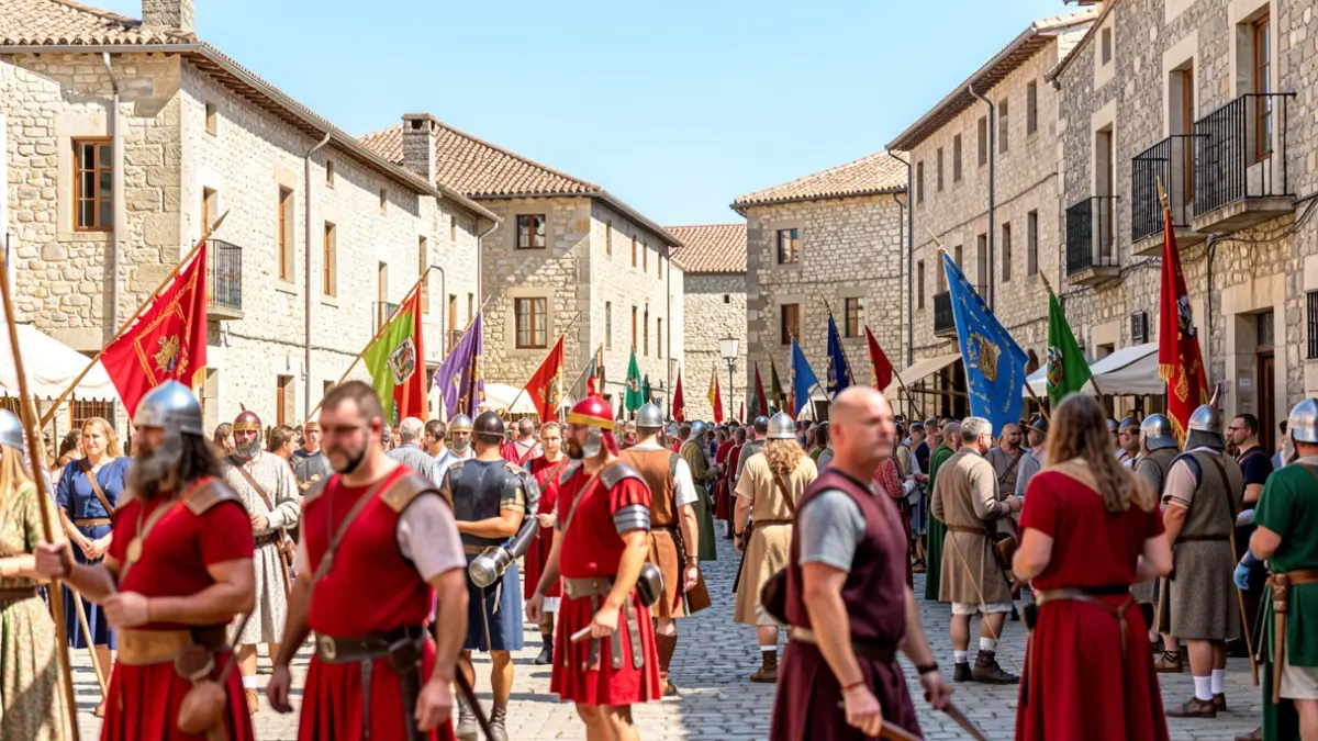 Imaxe xenérica dunha festa de recreación histórica en Lugo, con xente vestida de época e edificios de pedra.