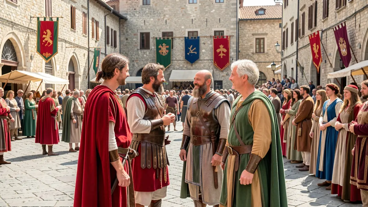 Imagen genérica de una fiesta de recreación histórica con figuras romanas y castrexas.