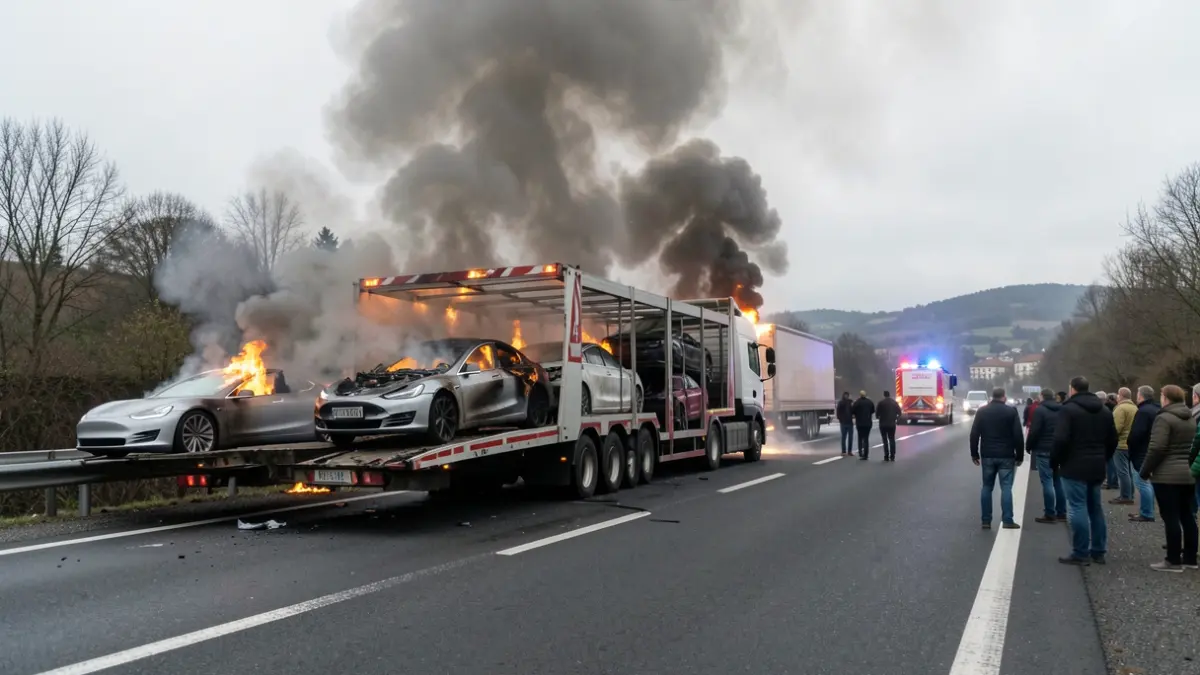 Imaxe dun camión portacoches en chamas na autovía A-52 preto de Cualedro.