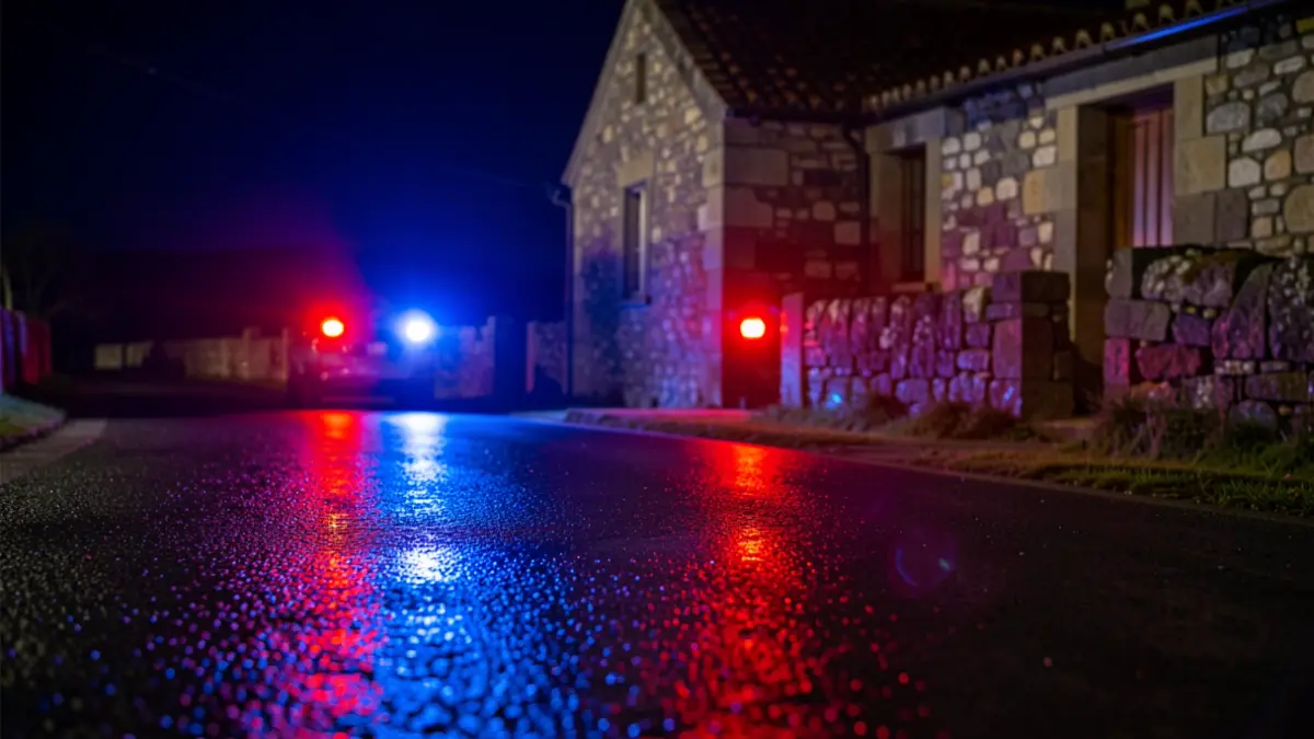 Imagen genérica de luces de emergencia reflejando en una carretera mojada por la noche.