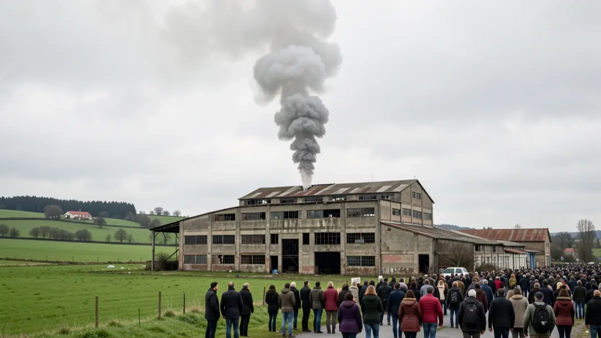 Imaxe xenérica dunha columna de fume sobre unha nave industrial abandonada en Galicia.