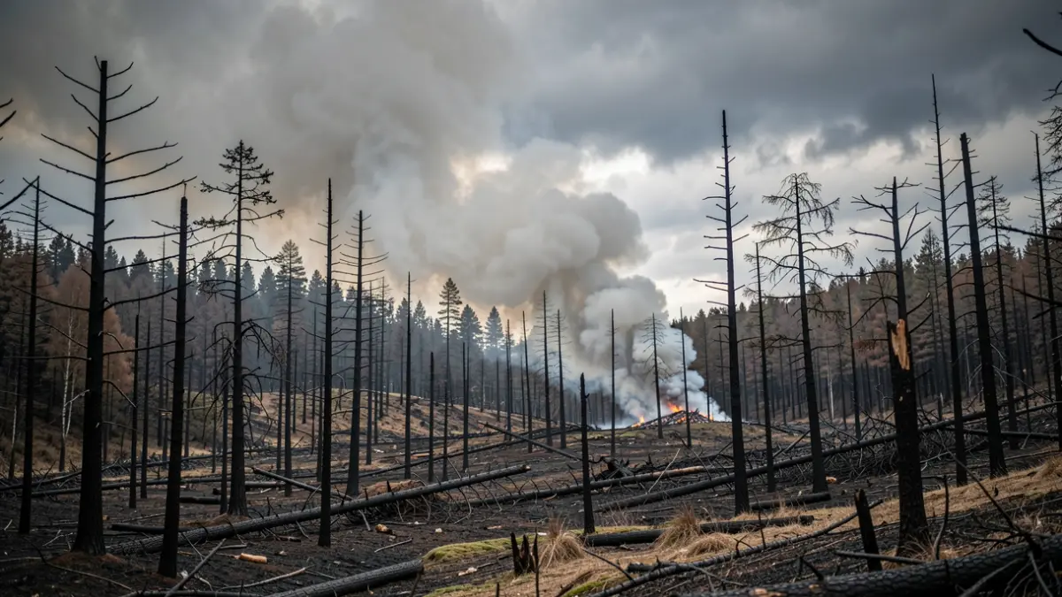 Imagen de un paisaje forestal desolado en Galicia con árboles calcinados y humo gris ascendiendo contra un cielo dramático.